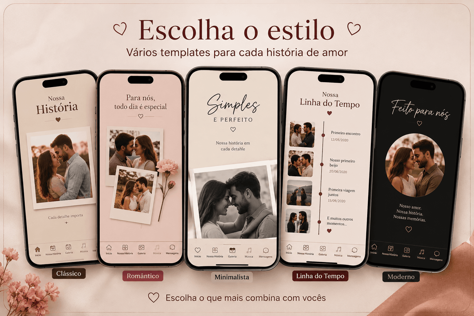 Escolha o estilo: vários templates para cada história, em telas de celular.