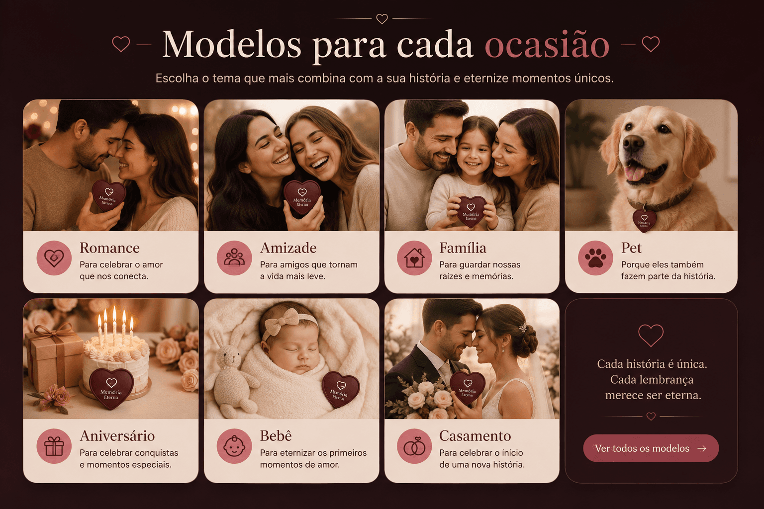 Modelos para cada ocasião: escolha um estilo e personalize com fotos, mensagens e música.